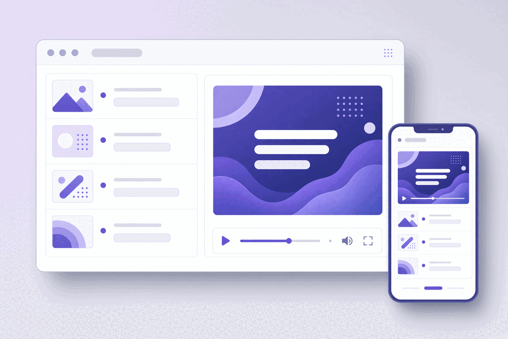 Motion Graphics kit art: a frame of an animated headline beside a timeline, in violet and indigo.